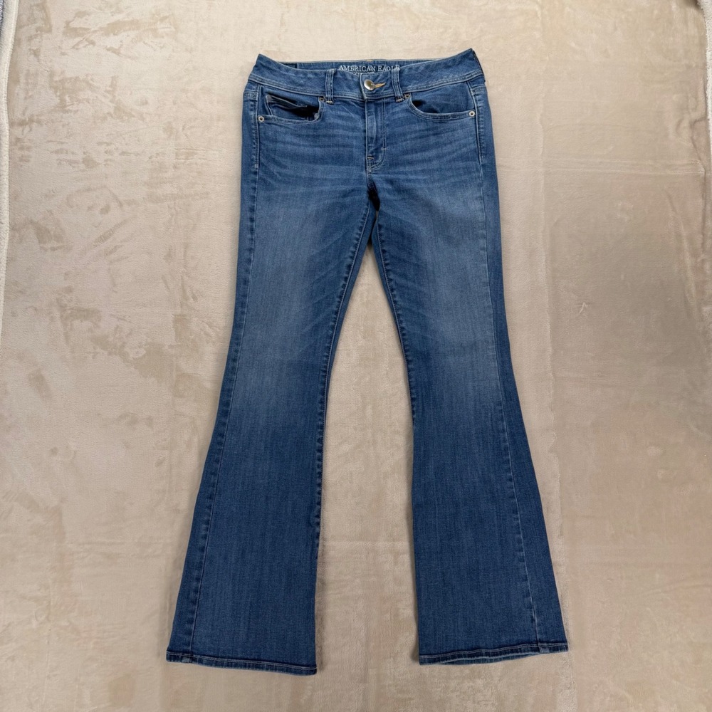 American Eagle Kick Boot Jeans Womens 8 Blue‎ Super Stretch Mid Rise Flare Denim